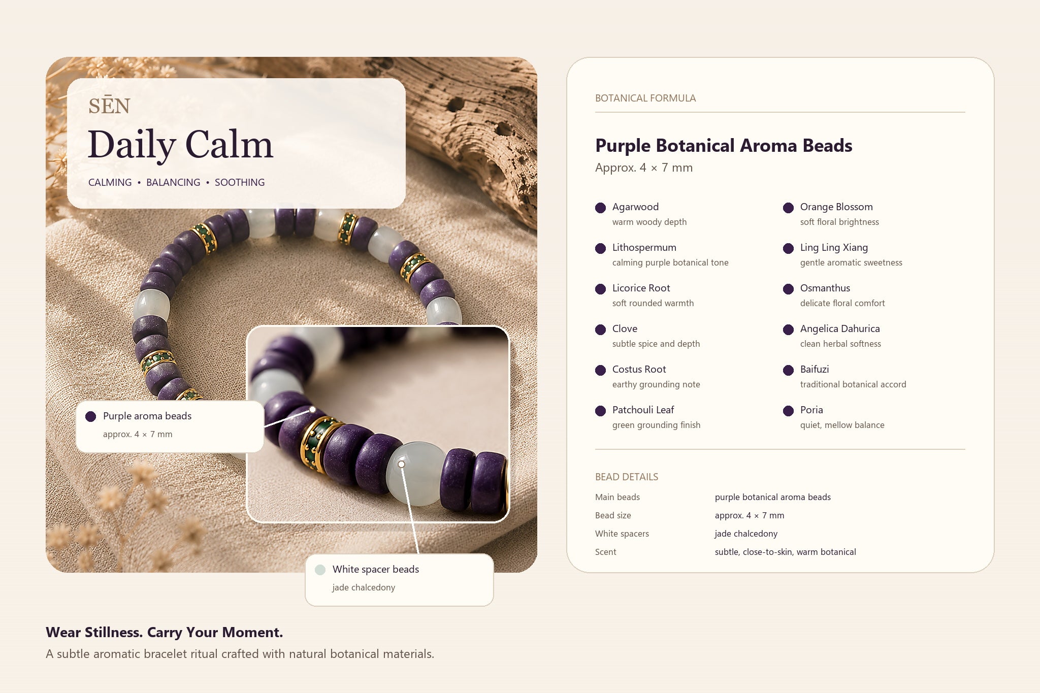 SĒN Daily Calm aromatic bracelet formula with purple botanical aroma beads and jade chalcedony white spacer beads