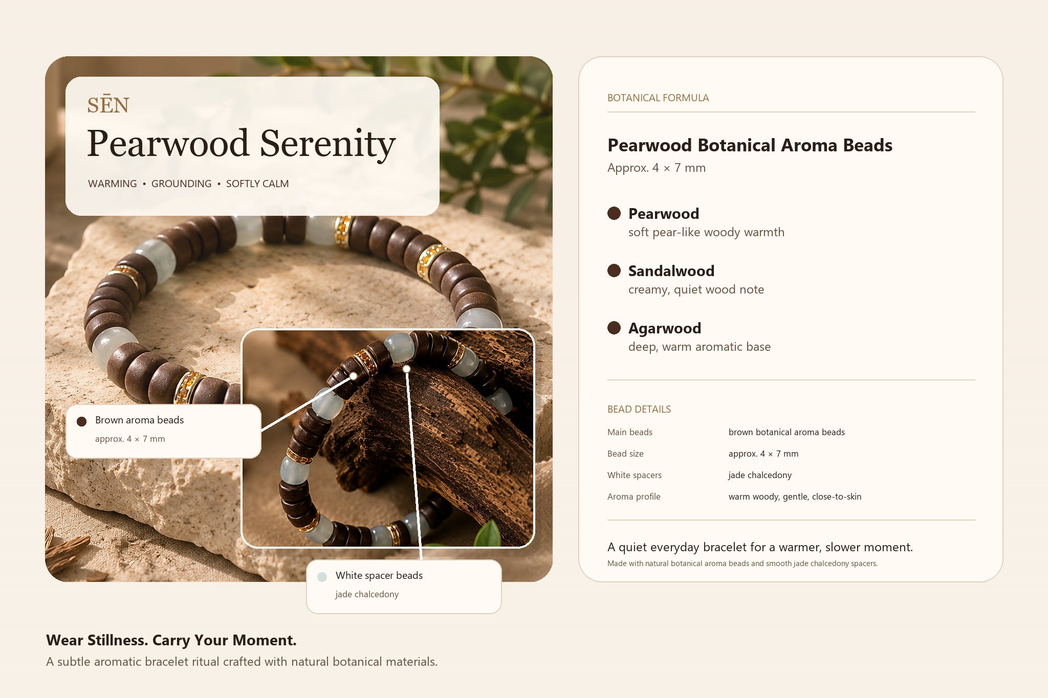 SĒN Pearwood Serenity bracelet formula with brown botanical aroma beads and jade chalcedony white spacer beads